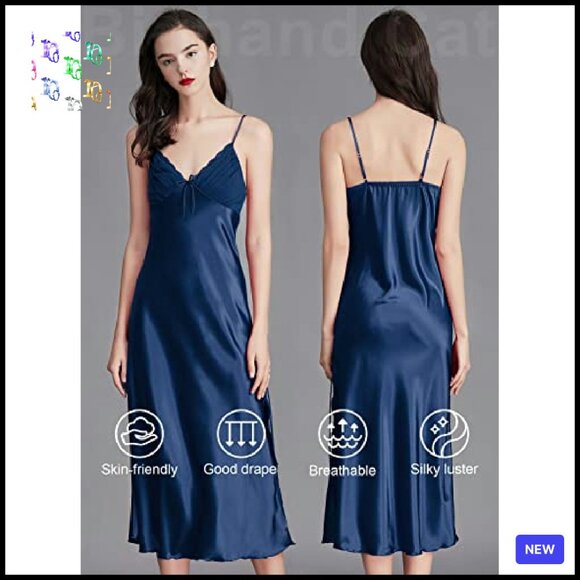 Satin Slip Dress Elegant Minimal Chic Adjustable Straps Lace Details Nightgown - Picture 3 of 7